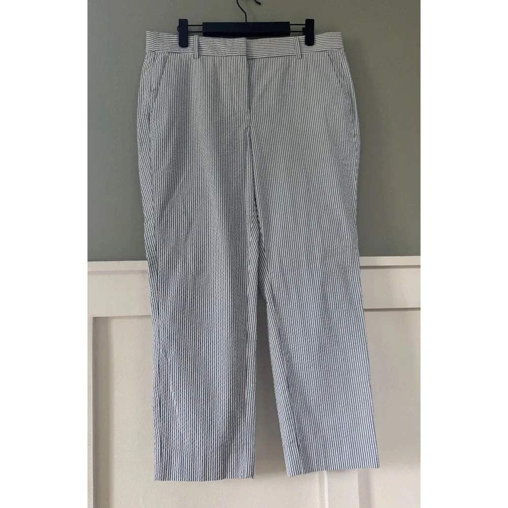J Crew  Seersucker Pants Womens Size 8 Blue‎ White Stripe Stretch Cotton Beachy - Picture 6 of 9